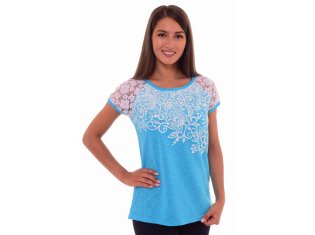 Футболка женская 6-112ж (бирюза+цветы) от компании Новое Кимоно, г. Иваново
